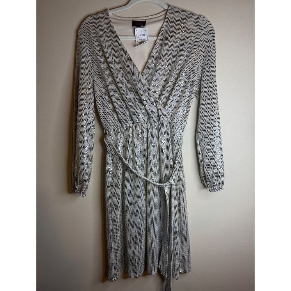 J.M. Studio John Meyer Silver Sequin Wrap Midi Dress Long Sleeve Sz 6 Y2K Glam